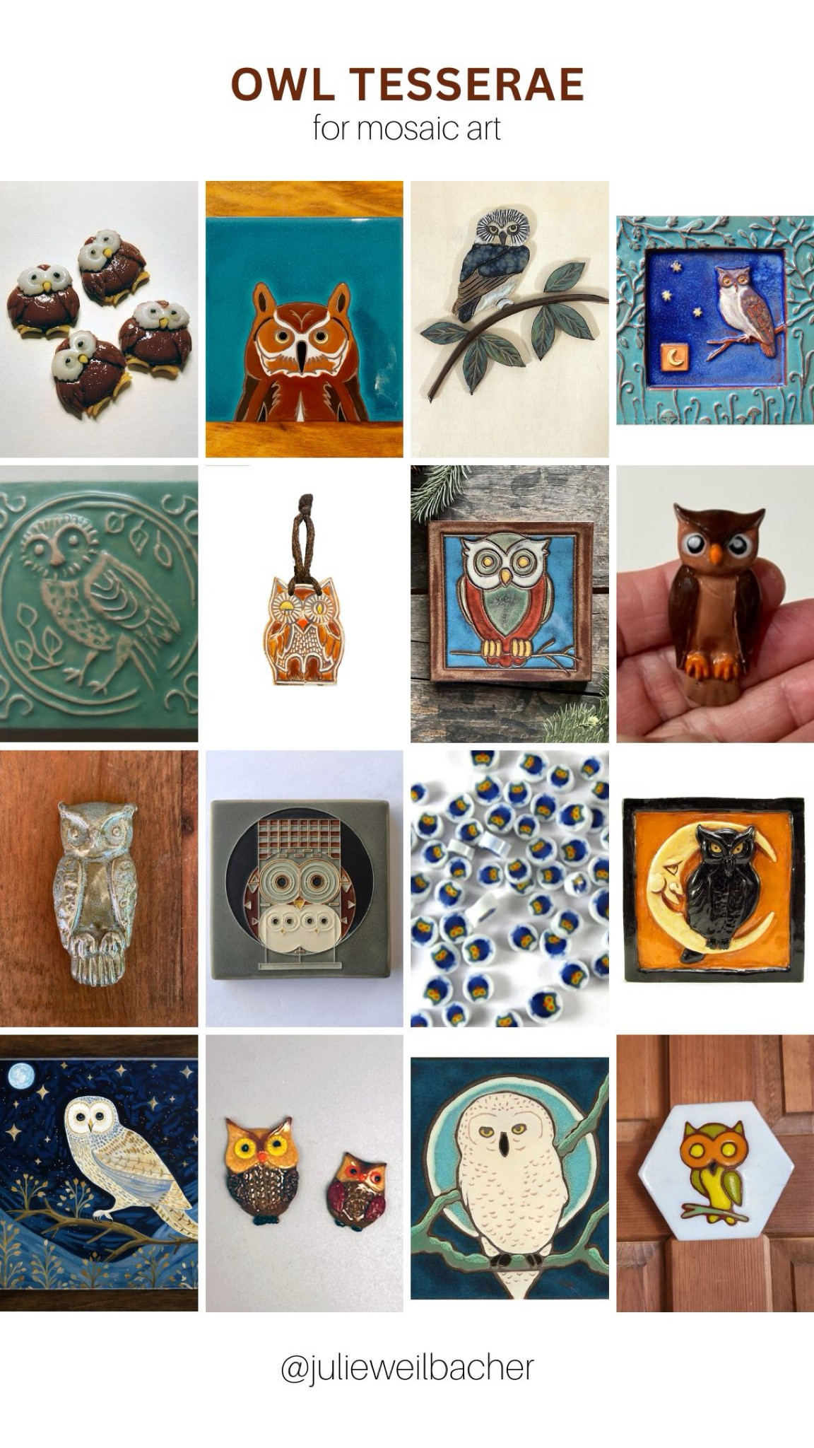 Sharing the sweetest owl tesserae to the se in mosaic art. 🦉 Some of these pieces would even work well displayed on a coffee table! 🦉 This collection includes fused glass, handmade ceramics, and glass murrini. 🦉 For mosaic tips, tutorials, inspiration, and so much more please visit my YouTube channel: YouTube.com/julieweilbacher. Follow @julieweilbacher on Instagram for all things mosaic art. owl - fall decor - gifts for owl lovers - mosaic - Halloween art - mosaic art - bird art - handmade ceramics - ceramic tile - owl art - ceramic owl - glass owl - owl tile - owl tabletop decor

#LTKFindsUnder100 #LTKHome