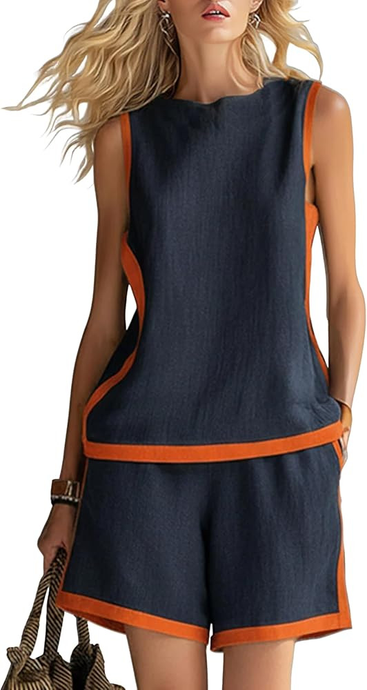 QIBABU Womens Cotton Linen 2 Piece Outfits Color Block Sleeveless Top High Waisted Shorts Set Sum... | Amazon (US)