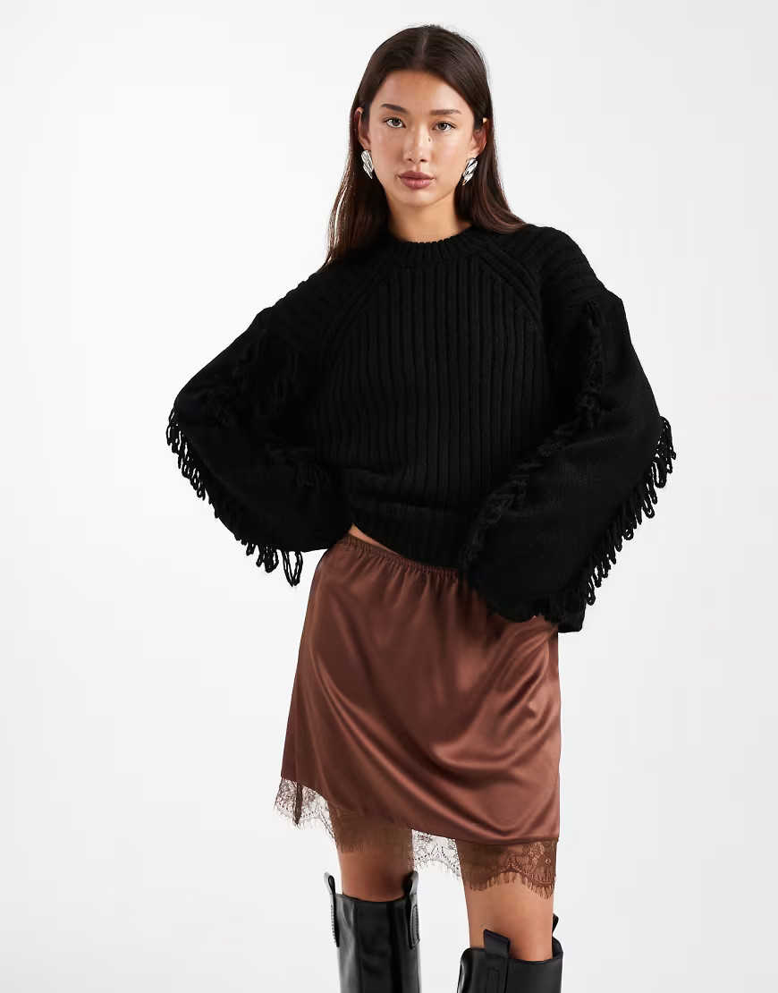 ASOS DESIGN lace trim satin mini skirt in chocolate-Brown | ASOS (Global)