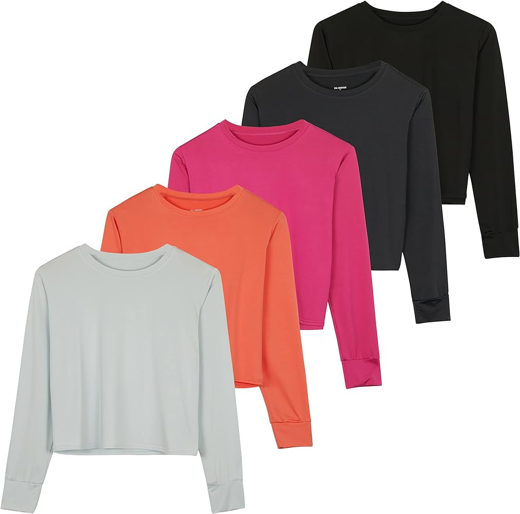 Real Essentials 5 Pack: Women's Dry Fit Crop Top - Long Sleeve Crew Neck Stretch Athletic Tee (Av... | Amazon (US)