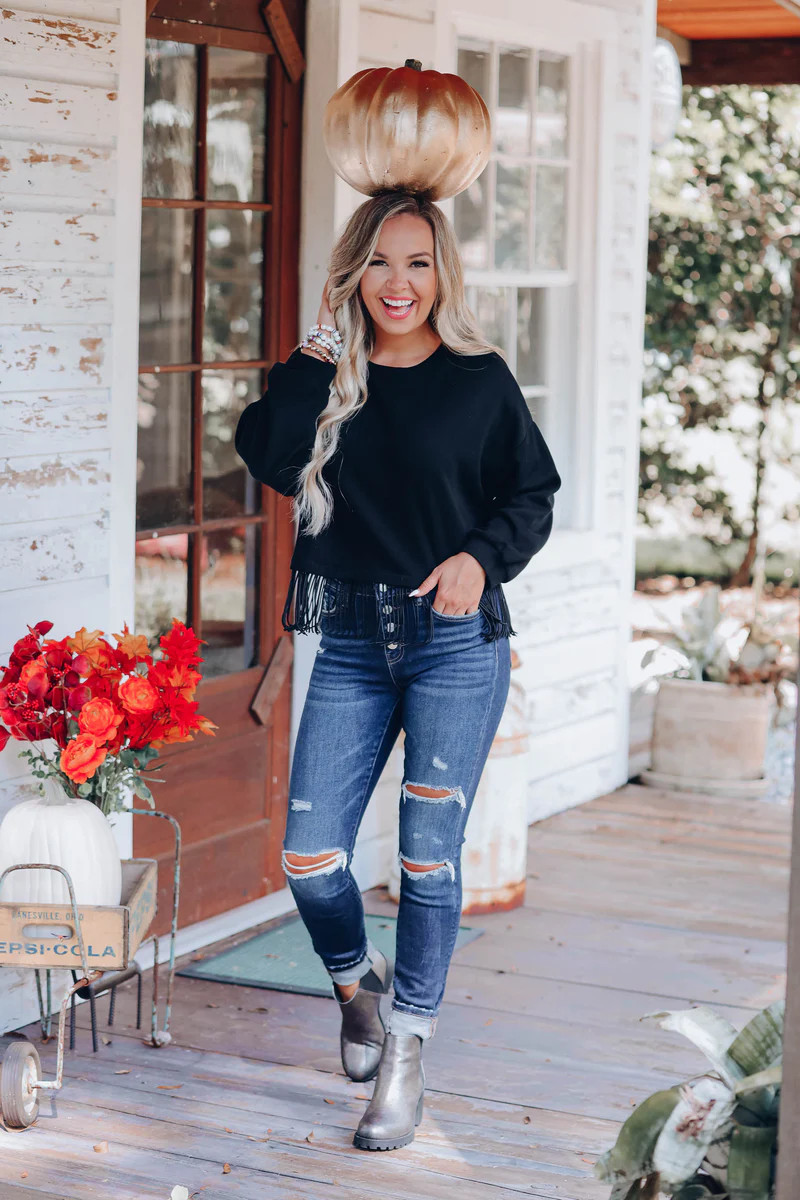 Fringe Trim Cropped Pullover - Black | Whiskey Darling Boutique