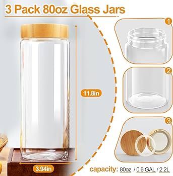 AISIPRIN Glass Storage Containers with Lids 80 OZ,3 Pcs Airtight Glass Jars with Bamboo Lid,Flour... | Amazon (US)