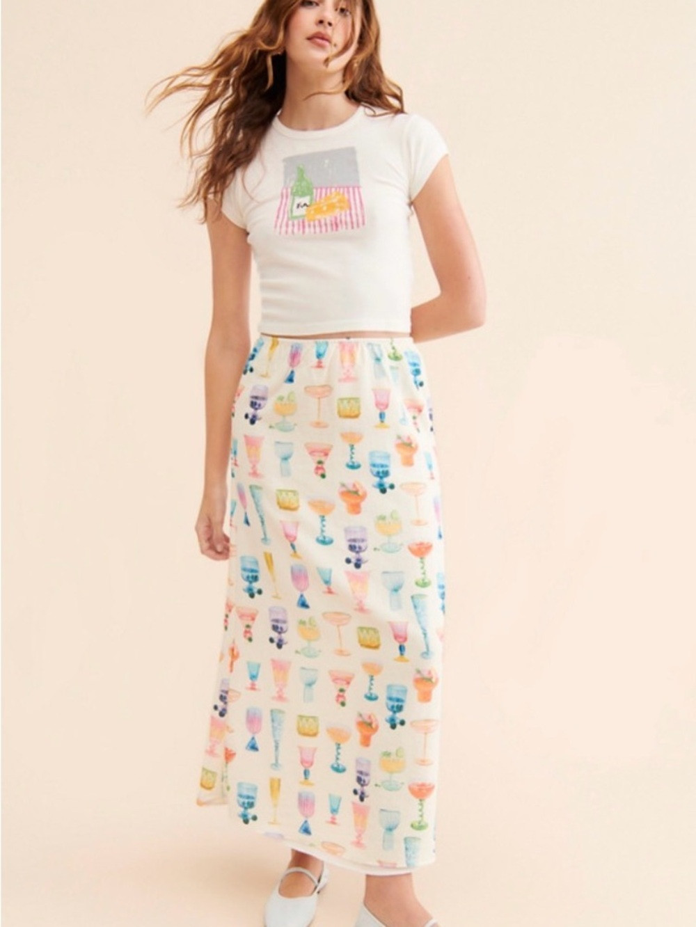 Anthropologie Midi skirt. Lisa Says Gah. White Skirt with Colorful motif. | Poshmark