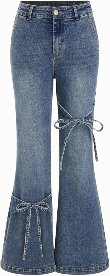 CIDER Women's Bow Wide Leg Jeans Mid Waisted Baggy Flare Jeans with Pockets Trendy Denim Pants Y2... | Amazon (US)