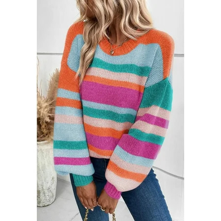 Redhotype Vibrant Striped Sweater: Drop Shoulder Puff Sleeves - Instant Style! | Walmart (US)