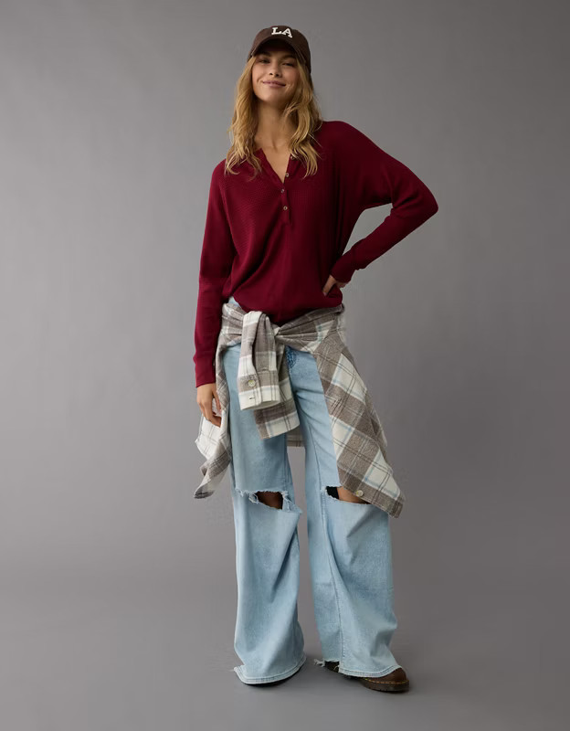 AE Long-Sleeve Plush Henley T-Shirt | American Eagle Outfitters (US & CA)