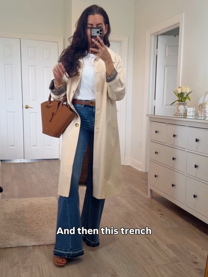 Size 2L in jeans. Size S in trench. Size M in sweatshirt. Size 6 in blazer S Cropped jacket and in dress. 
Red Lipstick is Ruby woo with brick lipliner. 

#jeansoutfit springvibes🌸 flare jeans O we love flare jeans!?

#LTKSaleAlert #LTKdayinmylife #LTKootd