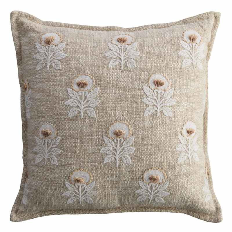 Sand Floral Embroidered Square Outdoor Throw Pillow with Flange, 18" | At Home