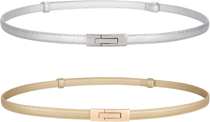 LEACOOLKEY Women Skinny Leather Belts Ladies Thin Waist Belts with Alloy Buckle for Dresses | Amazon (US)