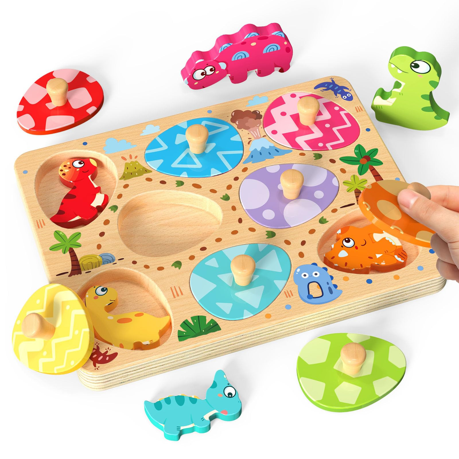 Wooden Puzzles for Toddlers, 8 Pcs Dinosaur Matching Egg Puzzle, Montessori Toys for Boy Girl Eas... | Amazon (US)