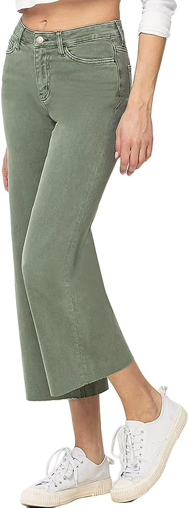 VERVET by Flying Monkey Olive Wide Denim Jeans Cropped High-Rise Raw-Cut | Amazon (US)