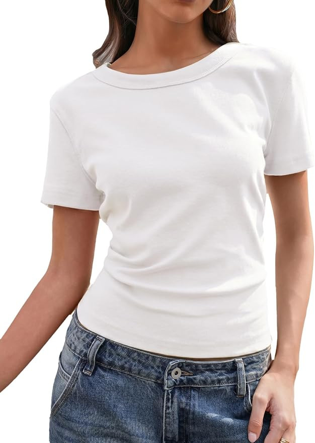 Tankaneo Womens Summer Crop Tops Slim Fit Short Sleeve Casual T Shirts Crew Neck Y2k Going Out Ba... | Amazon (US)