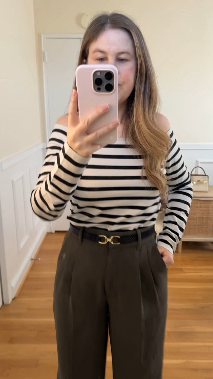 My top is on sale in the stripes I’m wearing, a solid red, and solid black. I’m wearing size medium! It’s stretchy but fitted so it stays up when you wear it off the shoulder. I love it with my crepe pants but I will also wear it with jeans.

#LTKfindsunder100 #LTKstyletip #LTKSeasonal