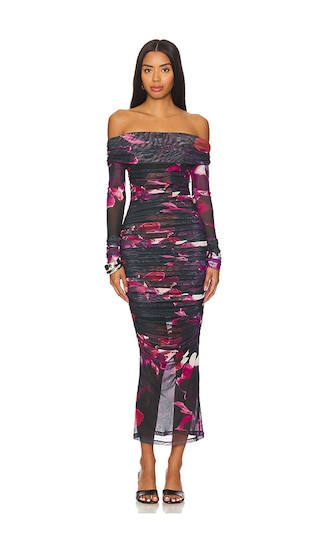 NICHOLAS Oaklyn Off Shoulder Shirred Midi Dress in Purple. - size 2 | Revolve Clothing (Global)