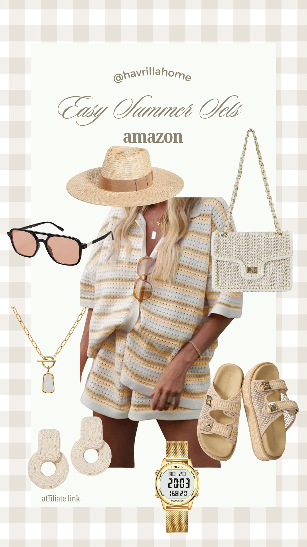 Amazon easy summer sets, amazon matching sets, neutral summer outfit women, straw hat outfit, casual summer style, two piece lounge set, woven handbag, gold chain bag, summer sandals women, trendy sunglasses, gold jewelry everyday, statement earrings neutral, digital gold watch women, effortless summer outfits

#LTKootd #LTKBeauty #LTKTravel