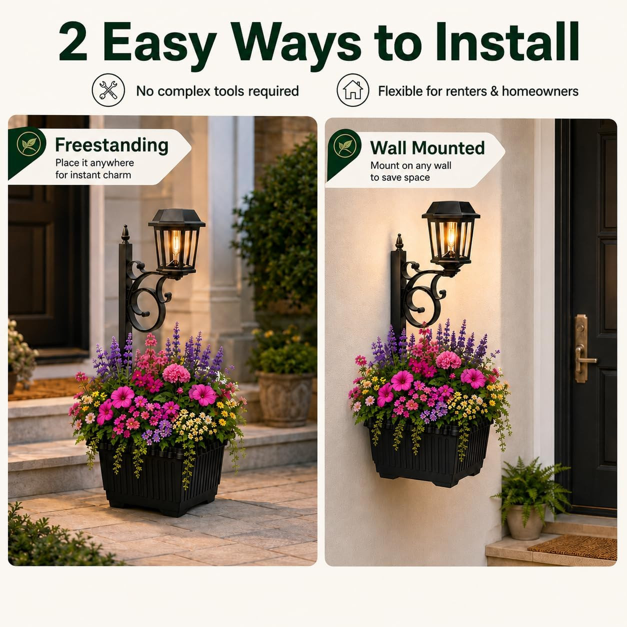 Solar Lamp Post Light with Planter, 2 in 1 Solar Post Lights Waterproof,Wall Mount or Freestanding, Auto on/Off Flower Pot with Solar Light for Garden, Yard,Patio, Front Porch, Back Door, 2Pack | Amazon (US)