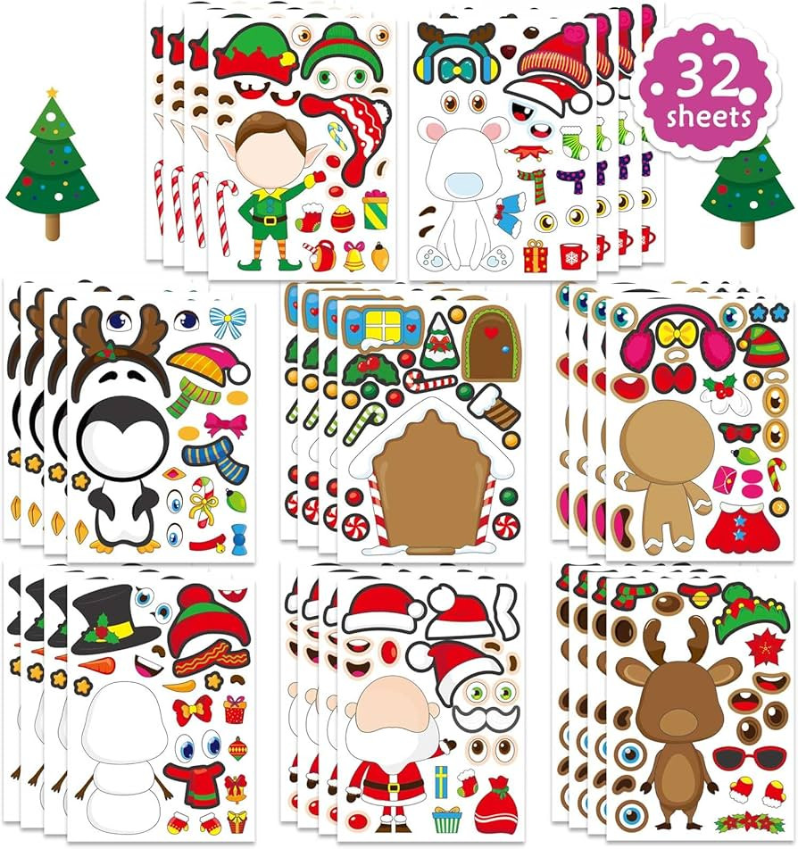 32 Sheets Christmas Stickers for Kids Toddlers Make-a-face Sticker Make Your Own Christmas Charac... | Amazon (US)
