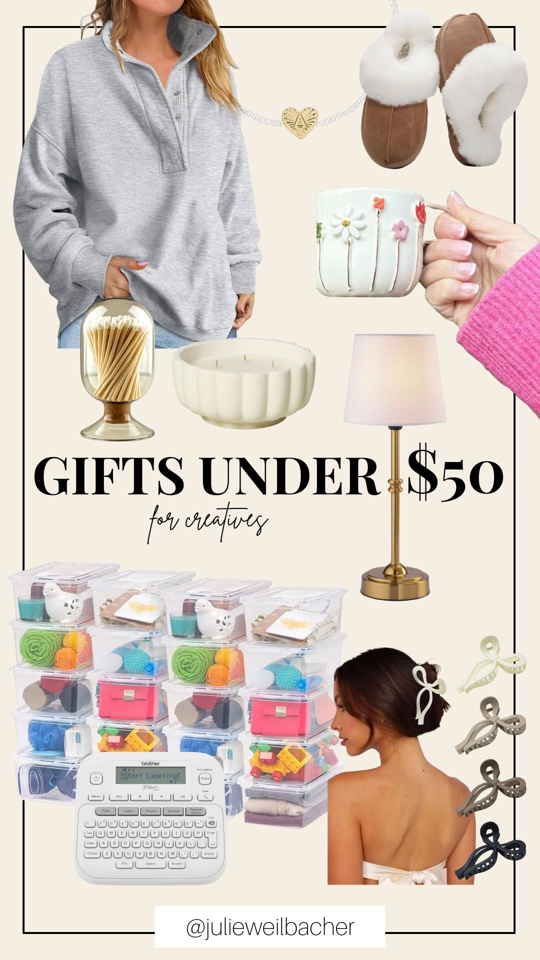Shopping for a creative…or being the creative? Either way, these gifts under $50 are spot-on for studio days, cozy days, and “I just want something cute and useful” days.

Think: the comfiest sweatshirt, warm slippers for chilly mornings, the best-smelling candle with pretty matchsticks, and an adorable mug for your matcha/coffee/tea/chai situation. Add in a personalized bracelet, a sweet bow clip, some clear containers (because we all have stuff), a label maker to corral the chaos, and a portable table lamp with a dimmer you can take literally anywhere.

Perfect for gifting…or “accidentally” gifting to yourself.

For mosaic tips, tutorials, inspiration, and so much more please visit my YouTube channel: YouTube.com/julieweilbacher. Follow @julieweilbacher on Instagram for all things mosaic art.

#creativelife #giftideas #giftguide #giftsunder50 #holidaygifts #cozyhome #mosaic #studioessentials #creativespace #organizeyourlife #cozyvibes #winterfavorites

#LTKGiftGuide #LTKHome #LTKFindsUnder50