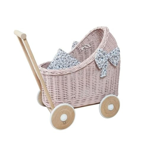 Wiklibox Natural Rattan Doll Stroller - Hand Made in Europe - Fits 17" Dolls & Plush Toys - Wicker Doll Pram & Baby Walker with Bedding Set - Perfect for Imaginative Play | Pink with Ivory Flowers | Amazon (US)