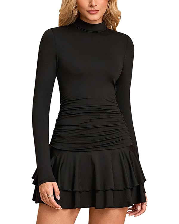 GLNEGE Fall Long Sleeve Mini Party Dress Flowy Mock Neck Ruffle Layered Going Out Dresses for Wom... | Amazon (US)