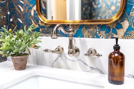 The details in our powder room are dreamy!! I love this polished nickel wall mounted faucet with the stunning gold mirror! 

Powder room ideas, home decor ideas, simple home decor, bathroom remodel, DIY powder room, home remodel, DIY ideas 

#LTKhome