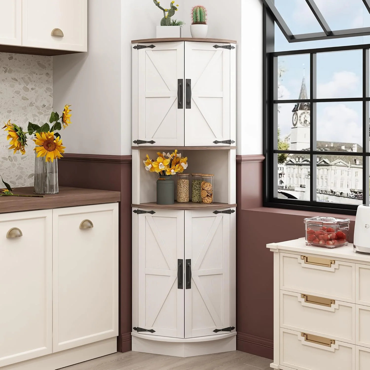 Vabches 64.8-in H White Farmhouse Corner Cabinet with 4 Doors and 5 Storage Shelves one_size | JY9929BS01B | Lowe's
