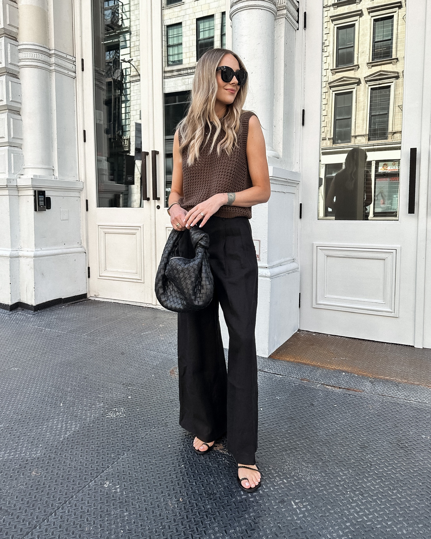 Fashion Jackson wearing brown sleeveless sweater (small) black linen pants (size 2) black bottega veneta handbag #fashionjackson #summeroutfit 

#LTKFind #LTKunder100 #LTKitbag