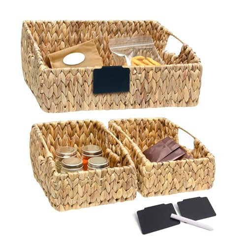 KOKODO Pack 3 Wicker Pantry Storage Baskets with Chalkboard, Durable Water Hyacinth Open Front Basket Bin with Built-in Handles and Metal Frame, Perfect for Space-saving Shelves and Room Organizing | Amazon (US)