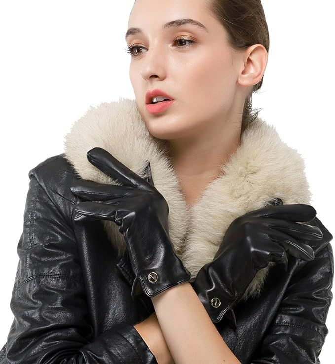 Women Italian Leather Gloves - Winter Driving Ladies Lambskin Warm Fleece Lining | Amazon (US)