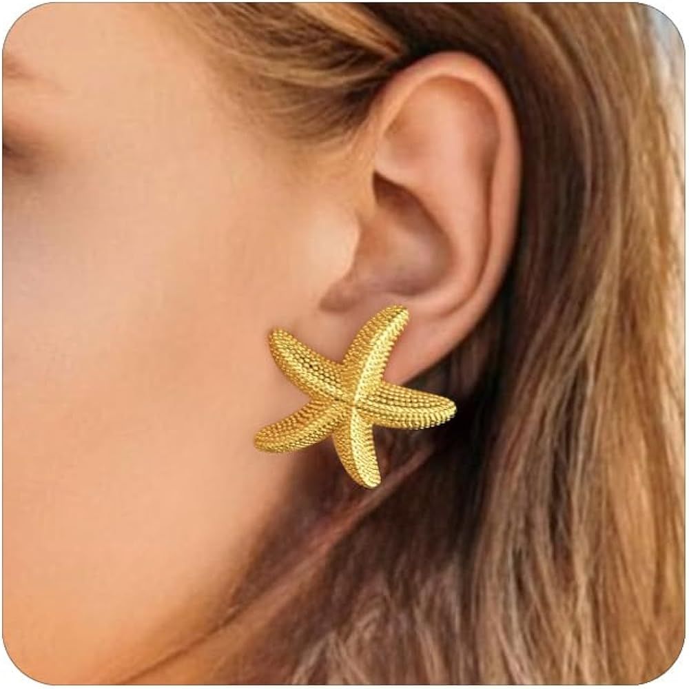 Gold Starfish Dangle Drop Earrings for Women 14k Gold Shell Trendy Dangle Earrings Chunky Stateme... | Amazon (US)