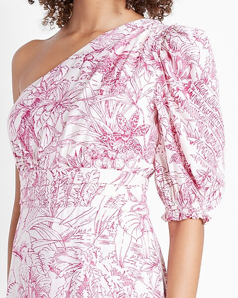 Printed One Shoulder Puff Sleeve Ruffle Hem Midi Dress | Express