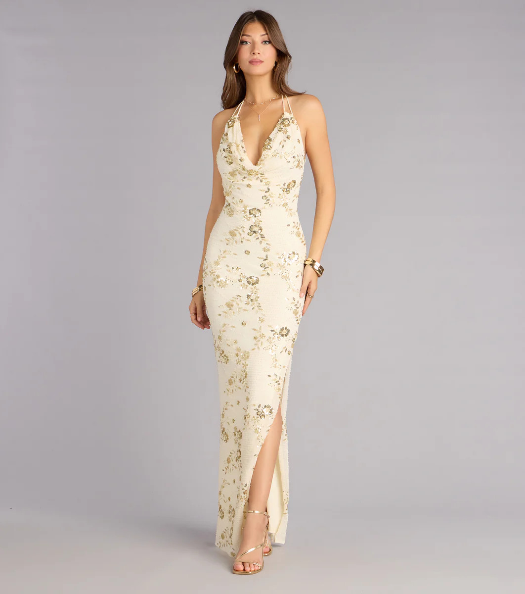 Maren Floral Sequin Mesh Halter Formal Dress | Windsor Stores