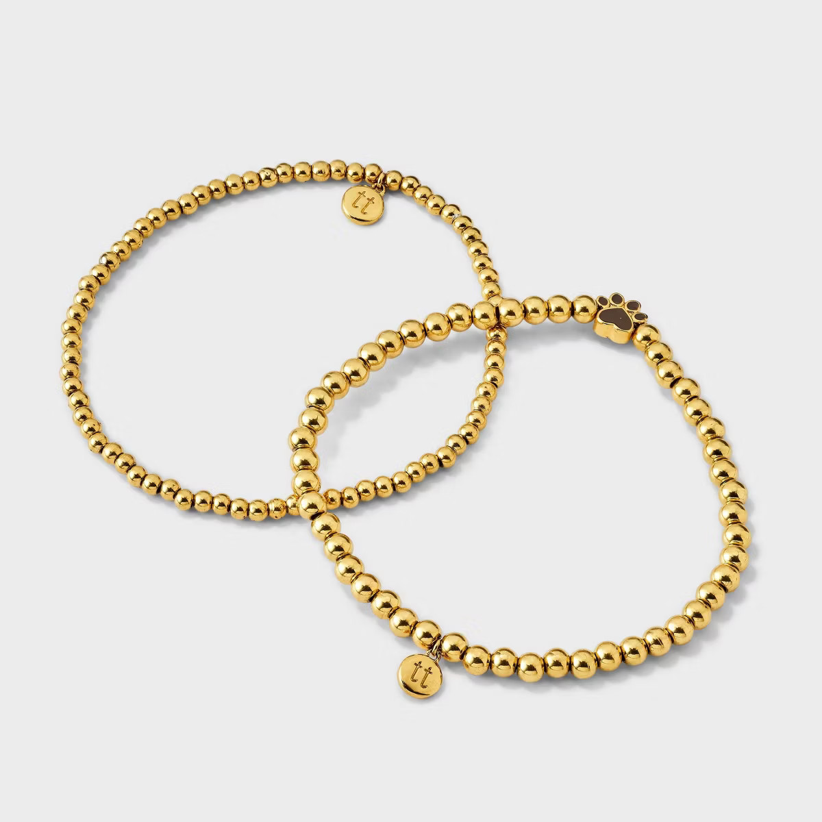 Tiny Tags 14K Gold Ion Plated with Brown Enamel Paw Print Beaded Stretch Bracelet Set - Gold | Target