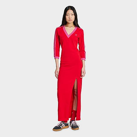 adidas Women's Originals adicolor Classics 3-Stripes V-Neck Maxi Dress in Better Scarlet/Semi Lucid Fuchsia Size: 2XL | Finish Line (US)