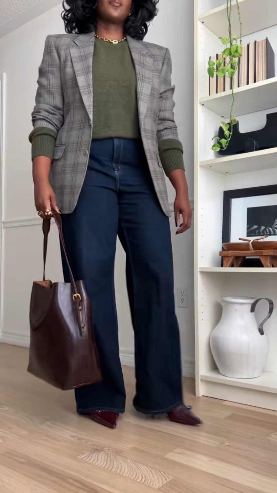 A cute and easy fall work outfit featuring an olive sweater, plaid blazer and dark wide leg denim jeans. 

Plus size outfit / midsize outfit/ fall outfits/ burgundy kitten heels/ burgundy tote bag/ plaid blazer/ 

#LTKGiftGuide #LTKootd #LTKCyberWeek