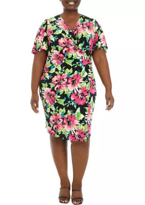 Kasper Women's Plus Size Signature Wrap Dress with Flutter Sleeves, 1X | Belk