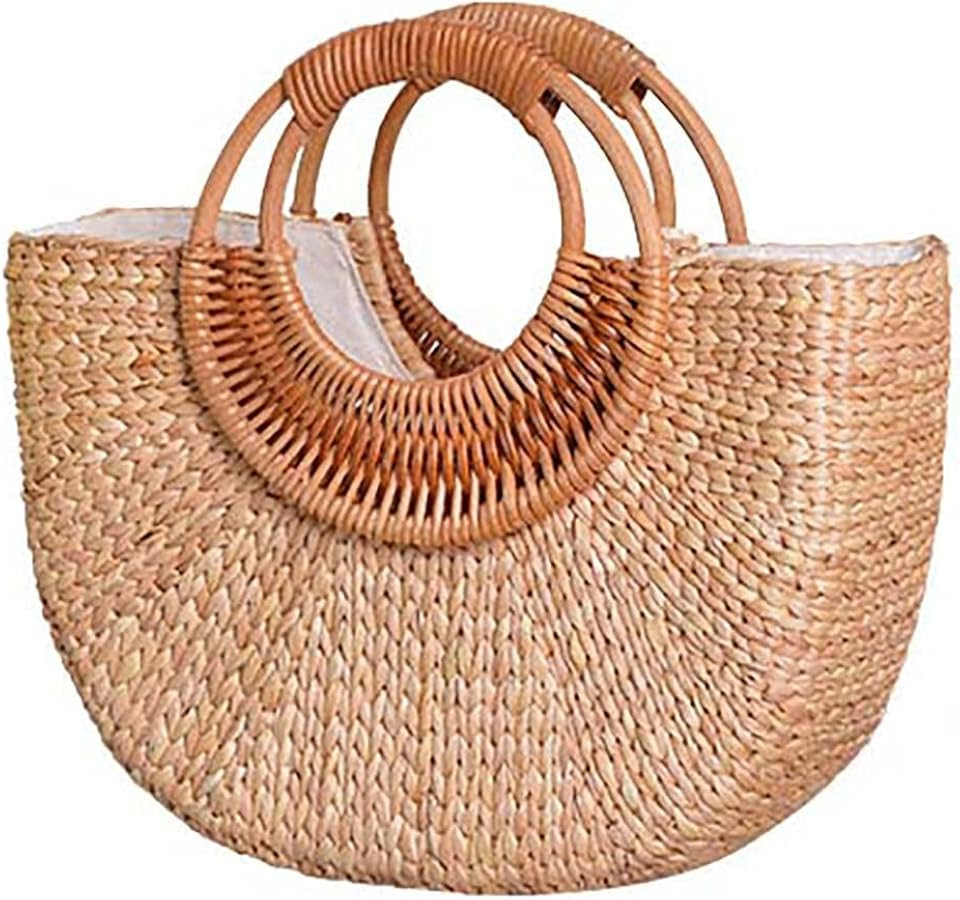 Straw Tote Bag for Women Handmade Straw Rattan Woven Handbag Summer Beach Bag Moon Shape Tote Bag... | Amazon (US)
