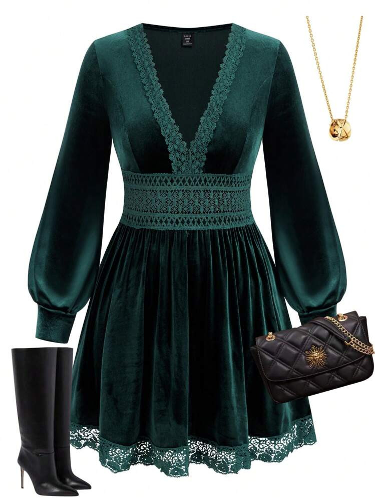 Celure Plus Size Women's Spring/Summer Solid Color Contrast Lace Lantern Sleeve Elegant Dress Fall Cloth For Women | SHEIN