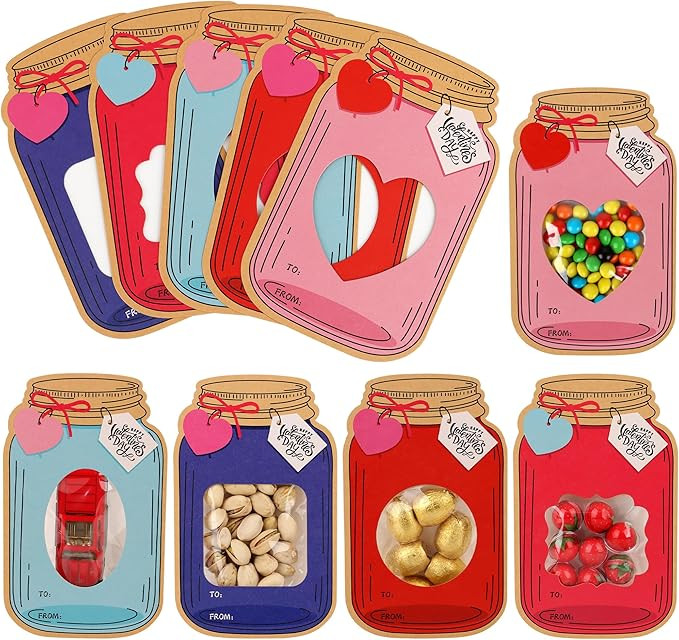Giiffu 50 Pack Mason Jar Valentine Cards for Kids Classroom, 5 Color Designs DIY Valentines Day C... | Amazon (US)