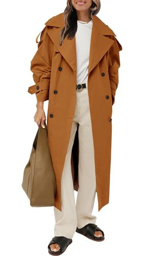 Farktop Womens Oversized Long Trench Coat Double Breasted Lapel Windproof Overcoat with Belt | Amazon (US)