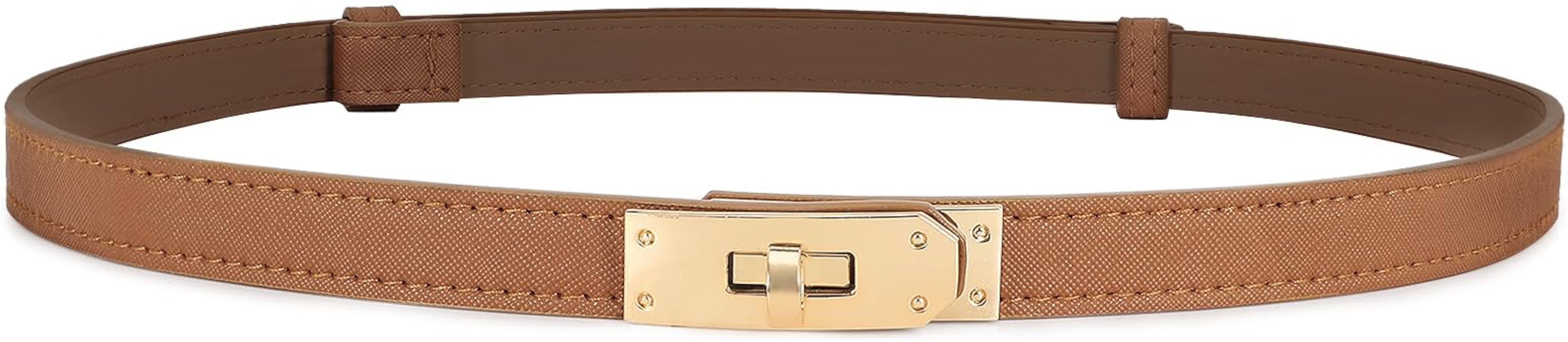 Women's Skinny Leather Belt Adjustable Thin Belt with Silver Gold Buckle Turn Lock Belt for Dress... | Amazon (US)