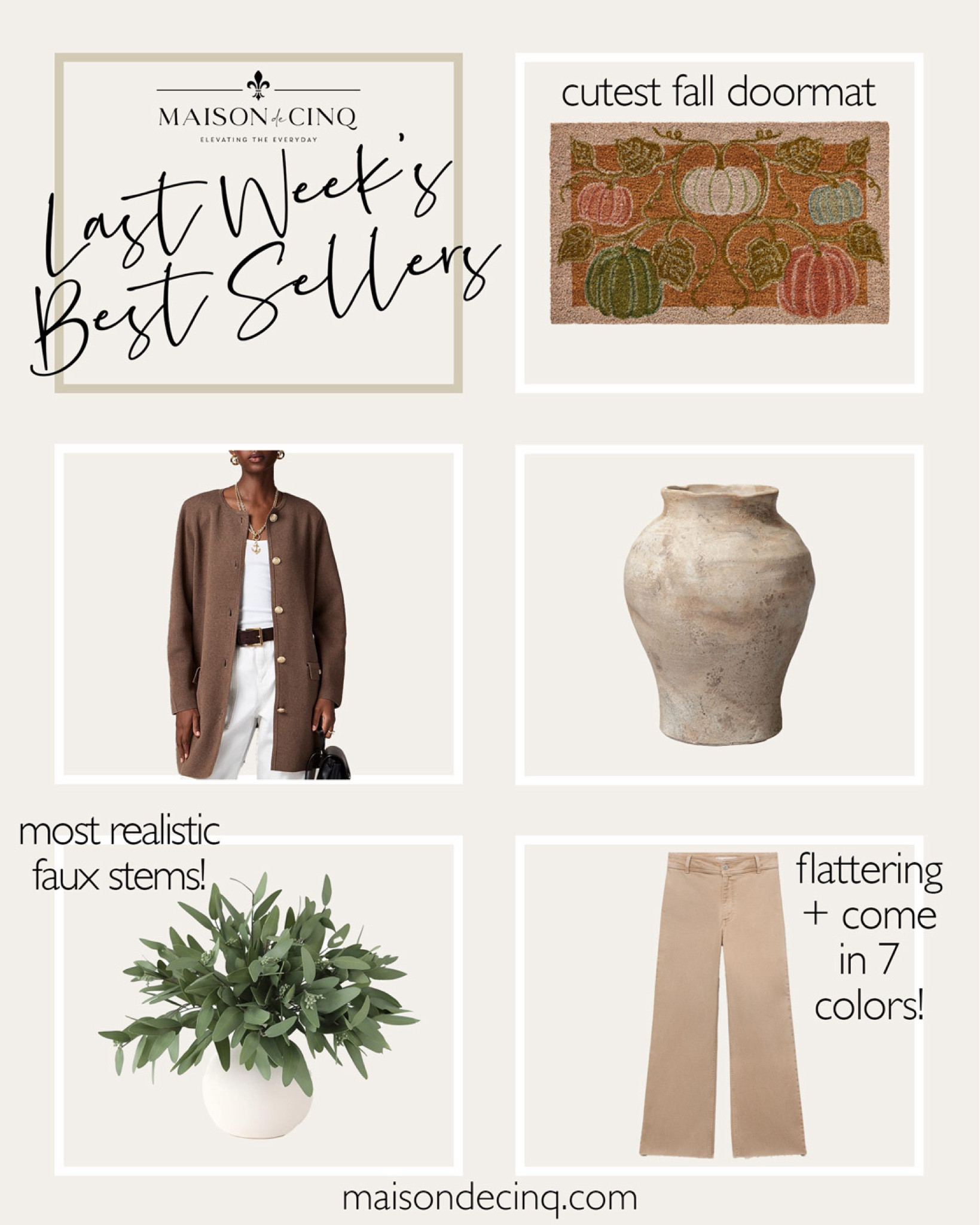 Last week’s best sellers include the cutest fall doormat, the best eucalyptus I’ve ever found, under $70 chic wide leg jeans, and more!

Home decor, fall outfit, fall decor, pants, faux stems, fall stems, rustic vase 

#LTKSeasonal #LTKHome #LTKFindsUnder50