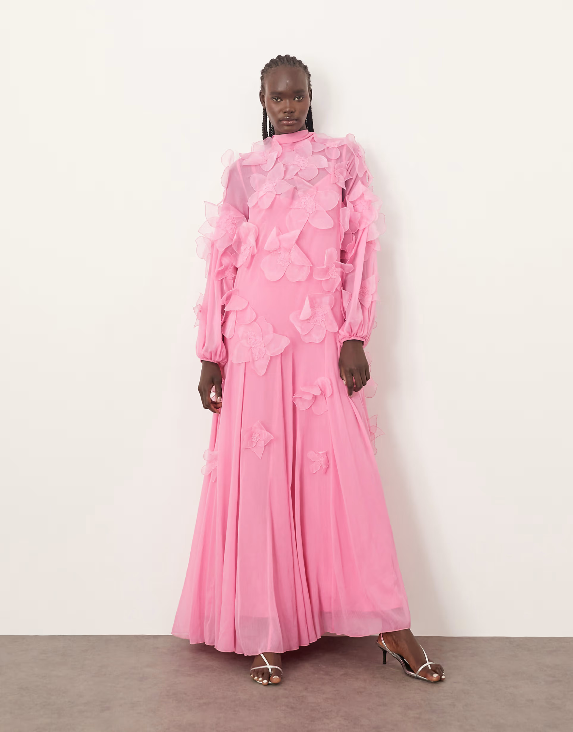 ARRANGE applique all-over floral tie neck trapeze maxi dress in pink | ASOS (Global)