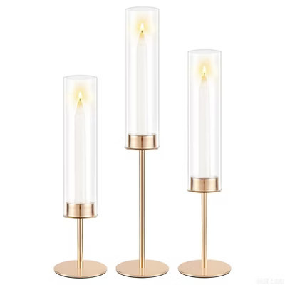 Set of 3 Gold Hurricane Glass Candle Holders with Clear Cylinders, Taper Candlestick Centerpieces for Wedding Home Decor | Target