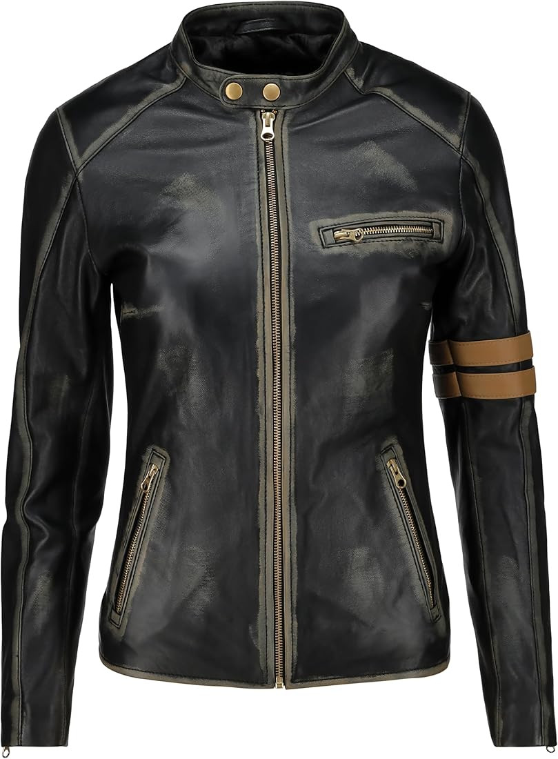 Jild Vintage Café Racer Genuine Leather Jacket Women - Distressed Leather Moto Biker Style Slim ... | Amazon (US)