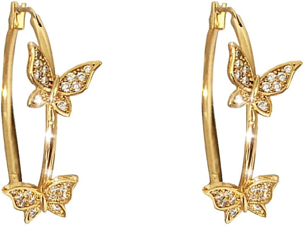 Double CZ Butterfly Dangle Hoop Earrings for Women Girls Cubic Zirconia Big Gold Hoops Click Top ... | Amazon (US)