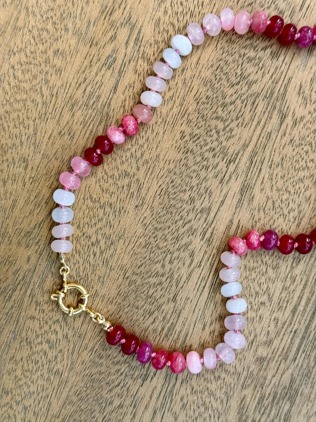 Beaded Gemstone Hand-knotted Silk Necklace With Gold Filled Hardware / Pink Smooth Rondelle Natur... | Etsy (US)