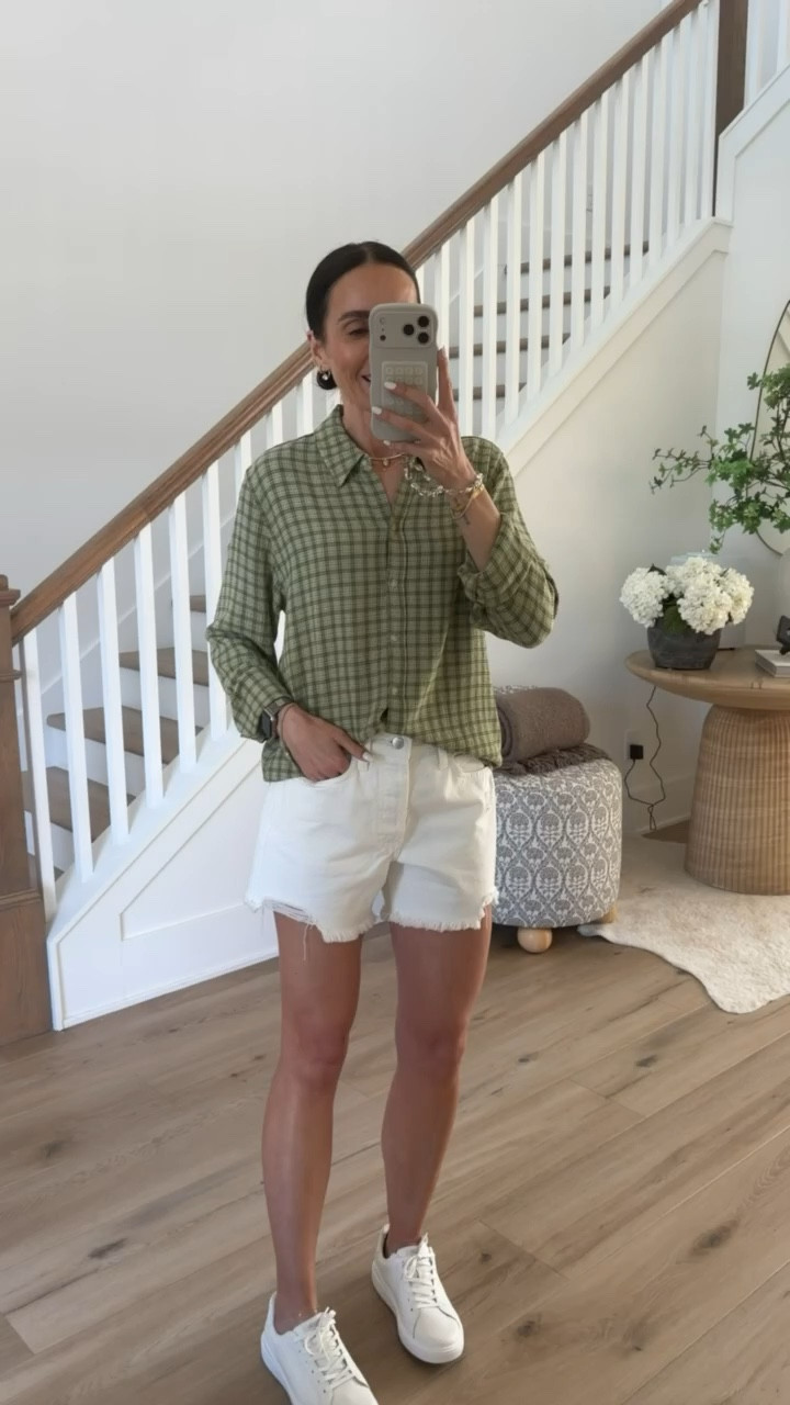 Everyday look with plaid shirt and white shorts. I'm wearing size S in shirt. Sneakers discount code BRSTYLE15

green shirt, white shorts, casual outfit, summer outfit, everyday look, relaxed style, sneakers outfit, target finds, annabrstyle

#LTKOver40 #LTKootd