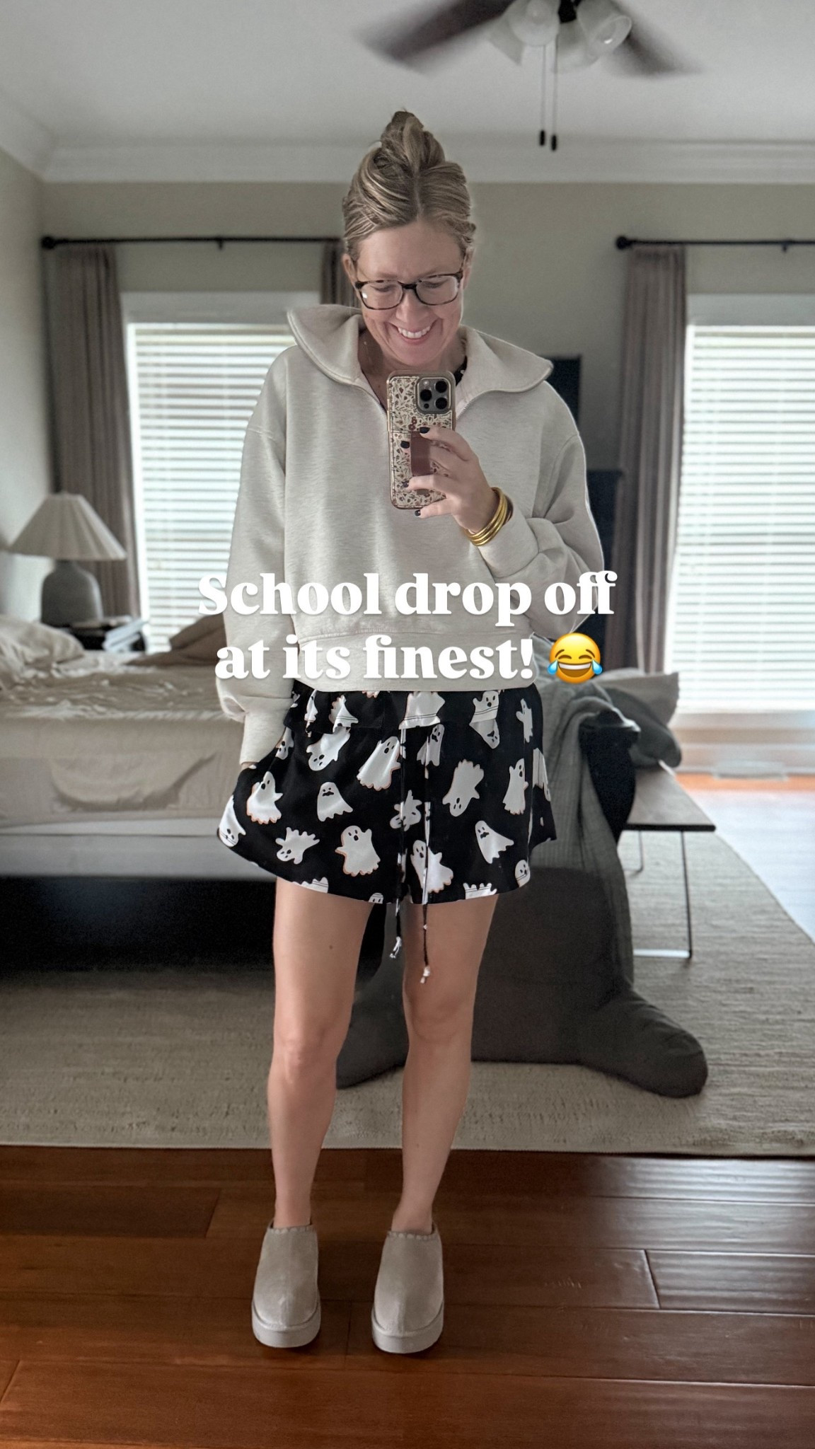 Anybody else drop their kids off looking like this?! 😂 Let’s just hope we never have to get out! 😅 Halloween PJs & Slippers (aka shoes) are from Walmart & pullover is Old Navy! 

#LTKSeasonal #LTKOver40 #LTKStyleTip