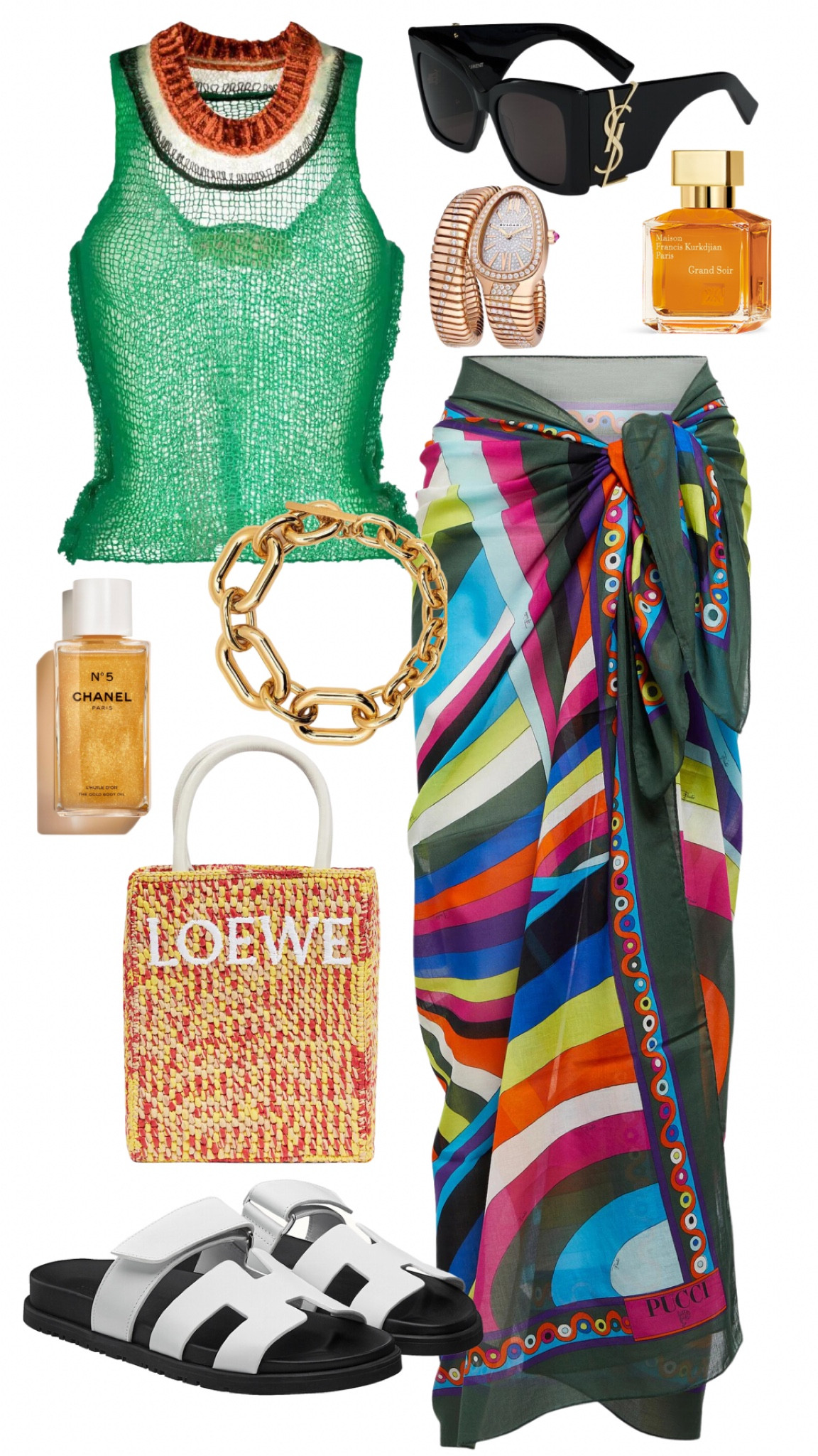 marni top 
pucci cover up scarf 
hermes chypre sandals 
loewe bag 
ysl blaze sunglasses
paco rabanne necklace 
Bulgari serpenti watch 
MFK grand soir 
chanel body oil 

#LTKbeauty #LTKstyletip #LTKSeasonal